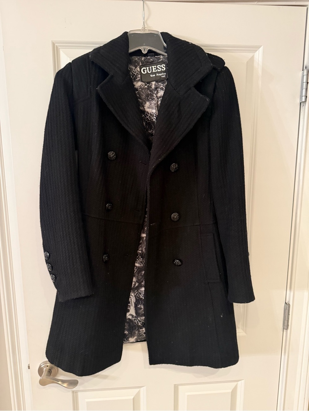 GUESS Women's Black Double-Breasted Wool Blend Coat medium